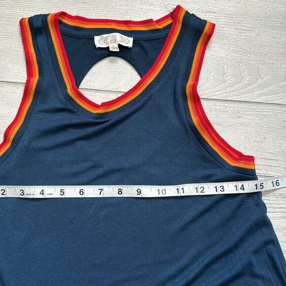 Small, Pink Rose dress, blue, multicolored stripes trim, T-shirt dress - Picture 7 of 8